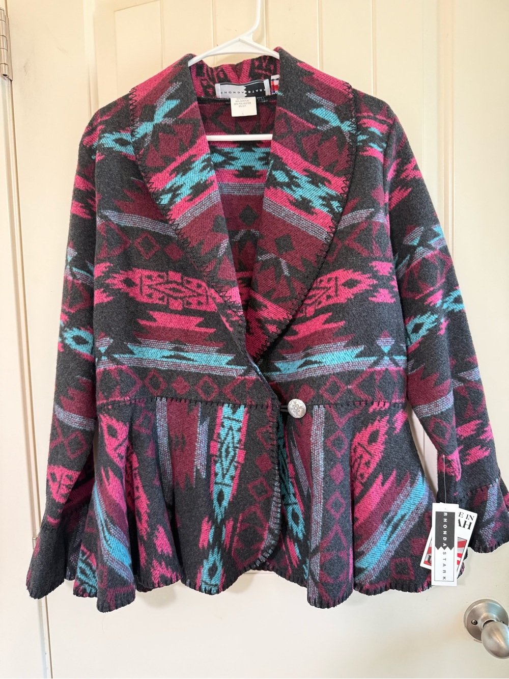 Rhonda Stark Patterned Shawl Collar Sweater Jacket - Charcoal with Pink & Teal